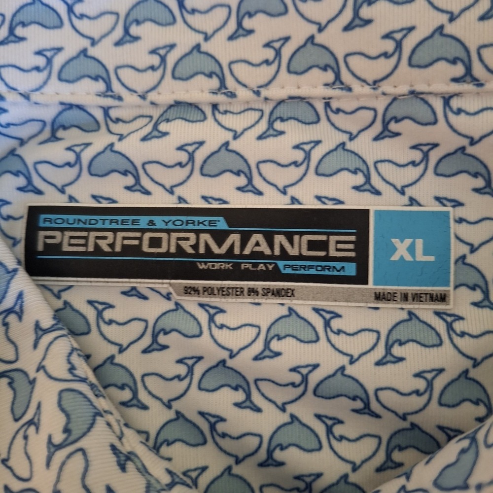 Roundtree & Yorke Performance Polo Shirt Mens XL Blue White Dolphin Print Golf
